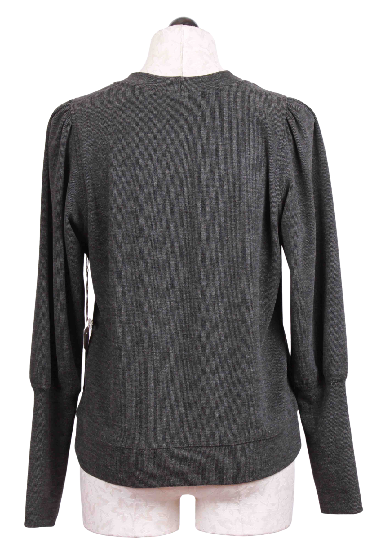 back view of Heathered Charcoal Bishop Sleeve Top by Fifteen Twenty