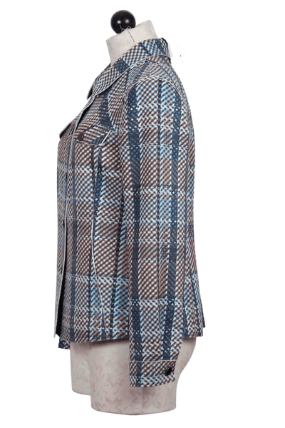 Side view of Ice Blue Plaid Scuba Jean-Like Jacket by Bylyse