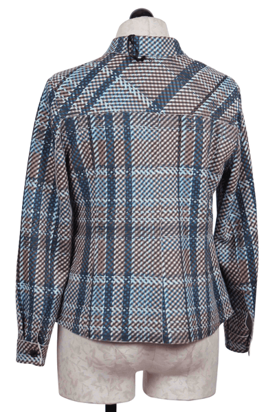 back view of Ice Blue Plaid Scuba Jean-Like Jacket by Bylyse