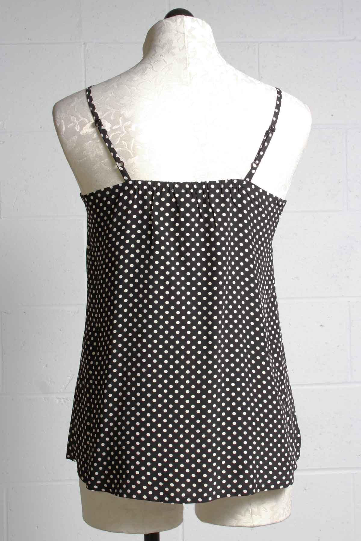 back view of Lace trimmed black with white polka dot cami