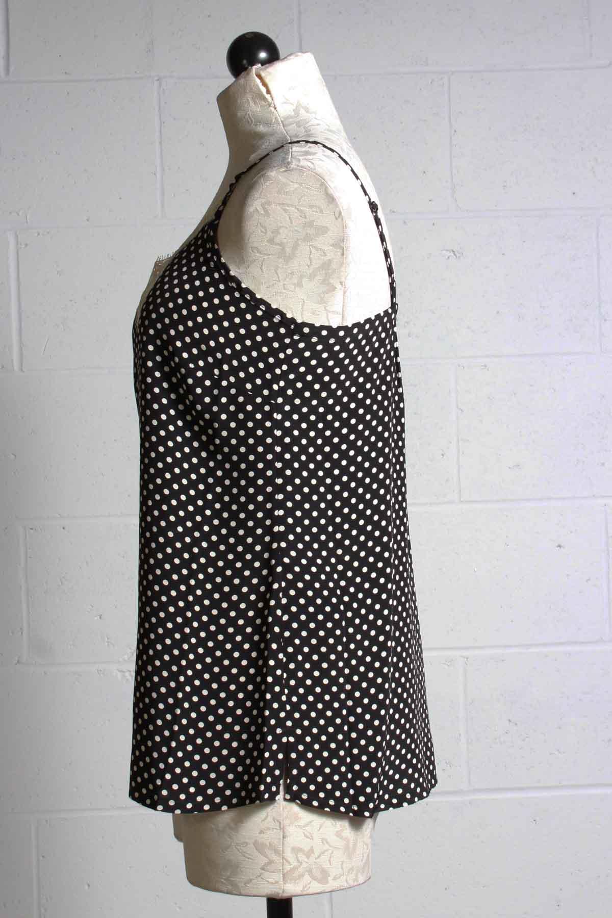 side view of Lace trimmed black with white polka dot cami