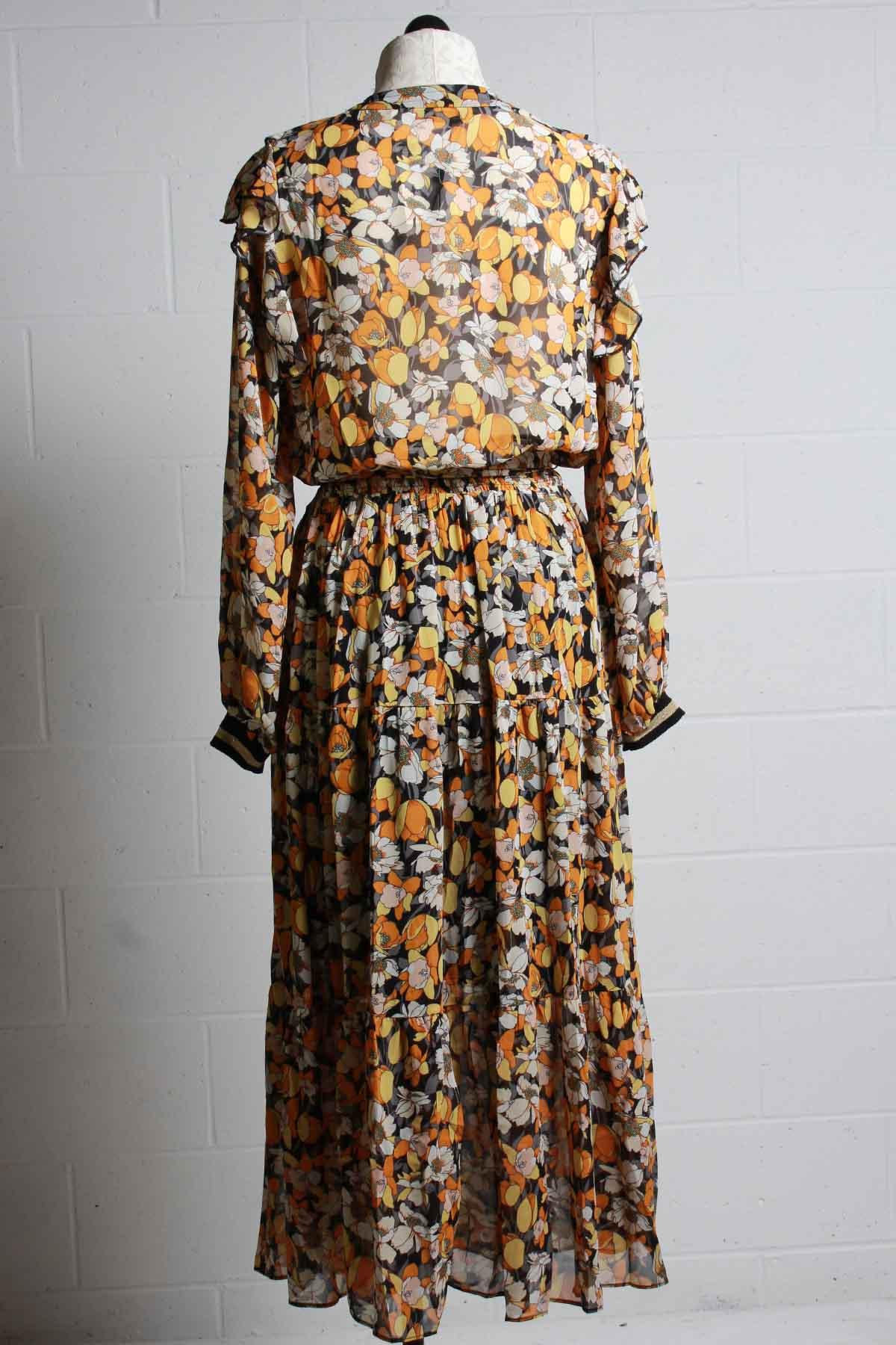 back view of floral ruffle front Midi Dress in gold colors by Summum Woman. 