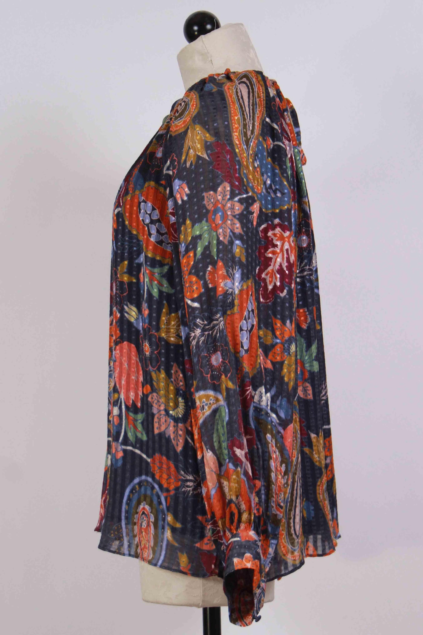 side view of Jenna Blouse by Marie Oliver in a gorgeous Indigo Tapestry Print