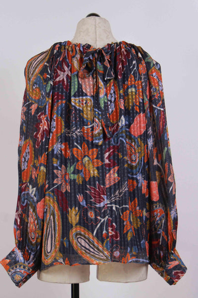 back view of Jenna Blouse by Marie Oliver in a gorgeous Indigo Tapestry Print