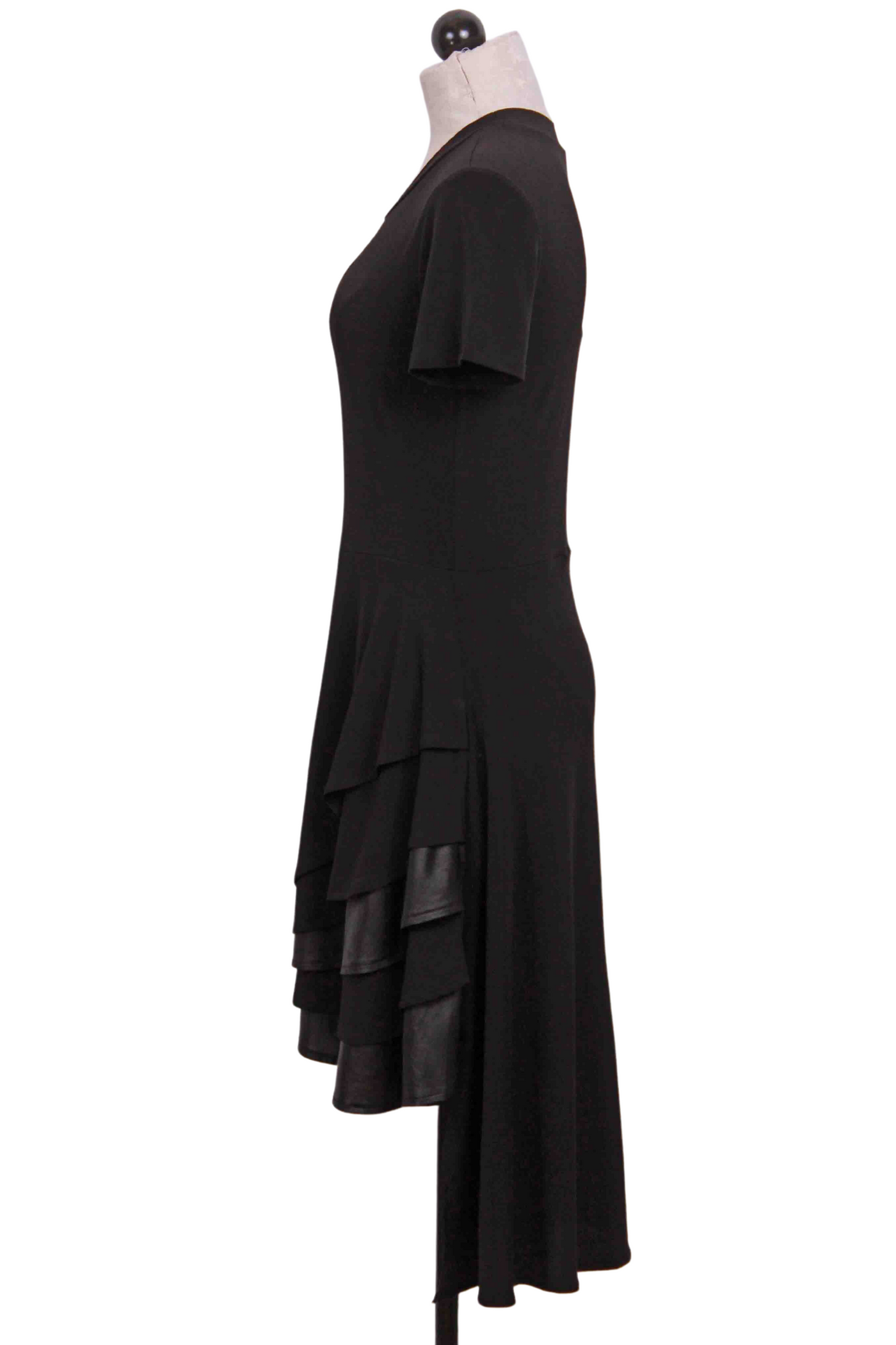 side view of Black Drake Dress by Kozan with curved ruffle hem