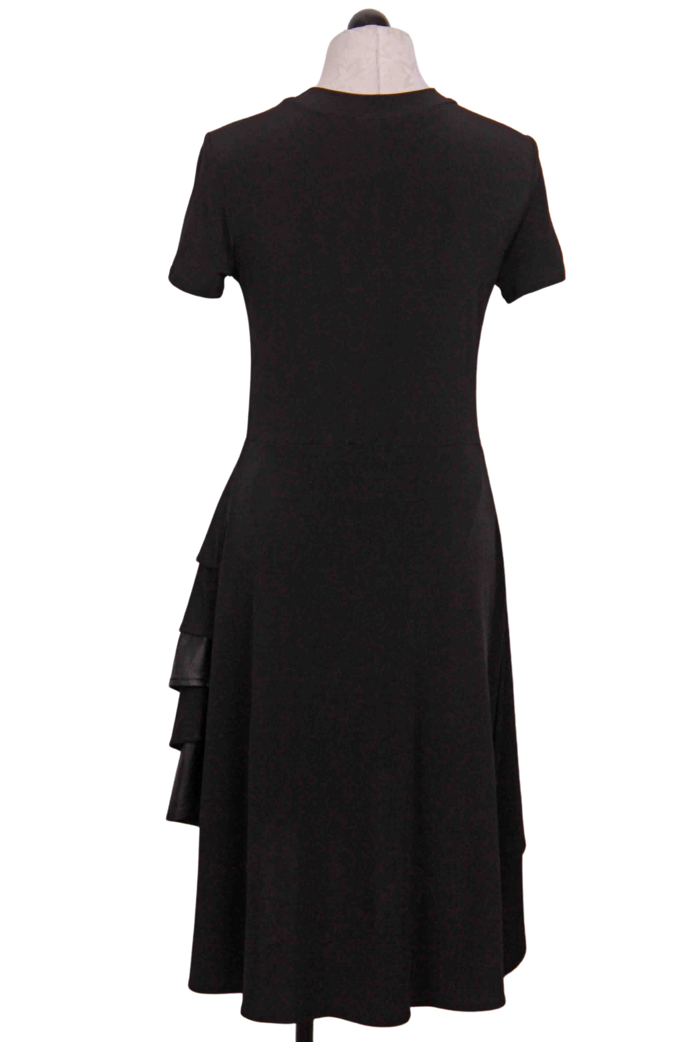 back view of Black Drake Dress by Kozan with curved ruffle hem