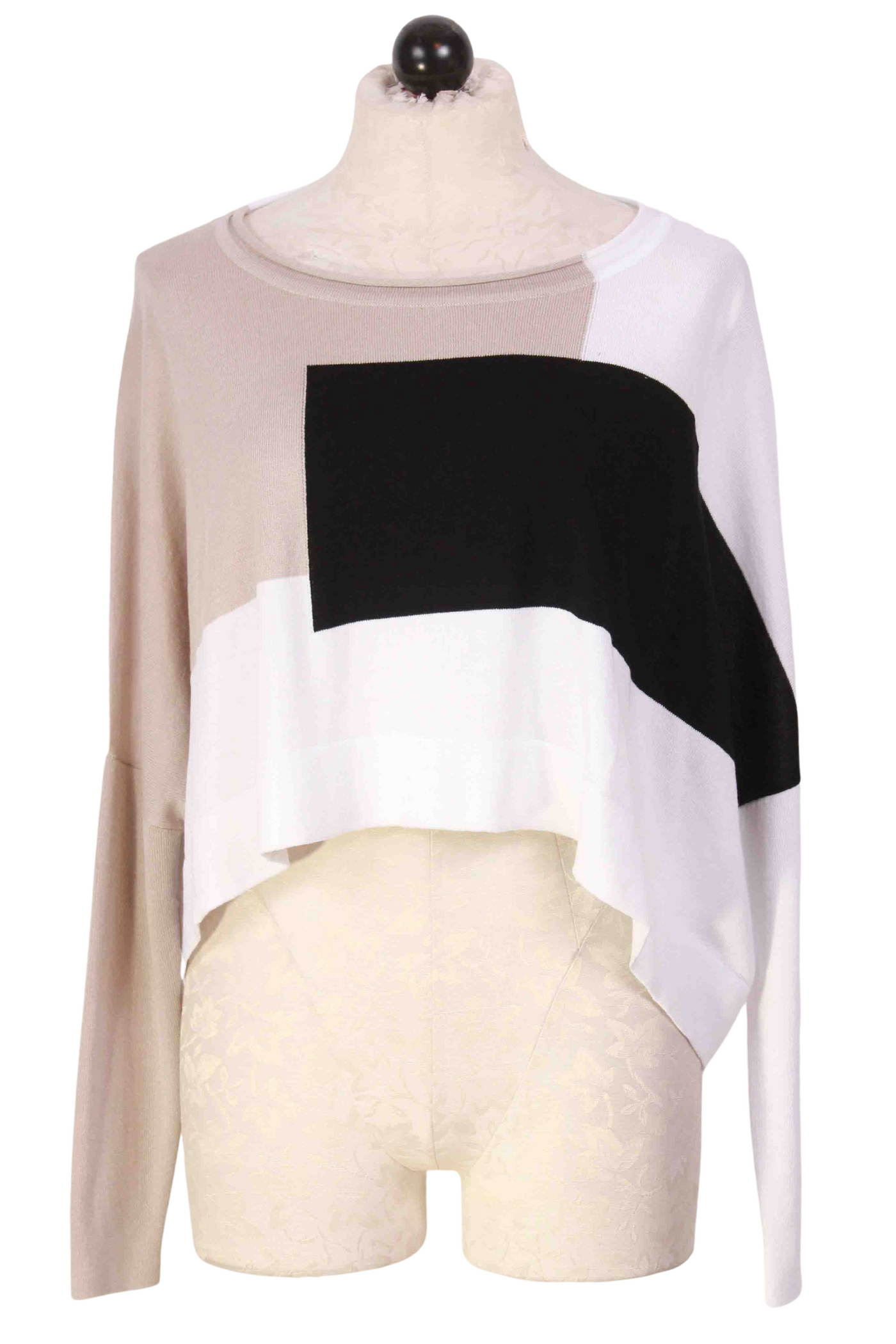 White, Putty and Black Cropped Long Sleeve Geometric Sweater by Planet