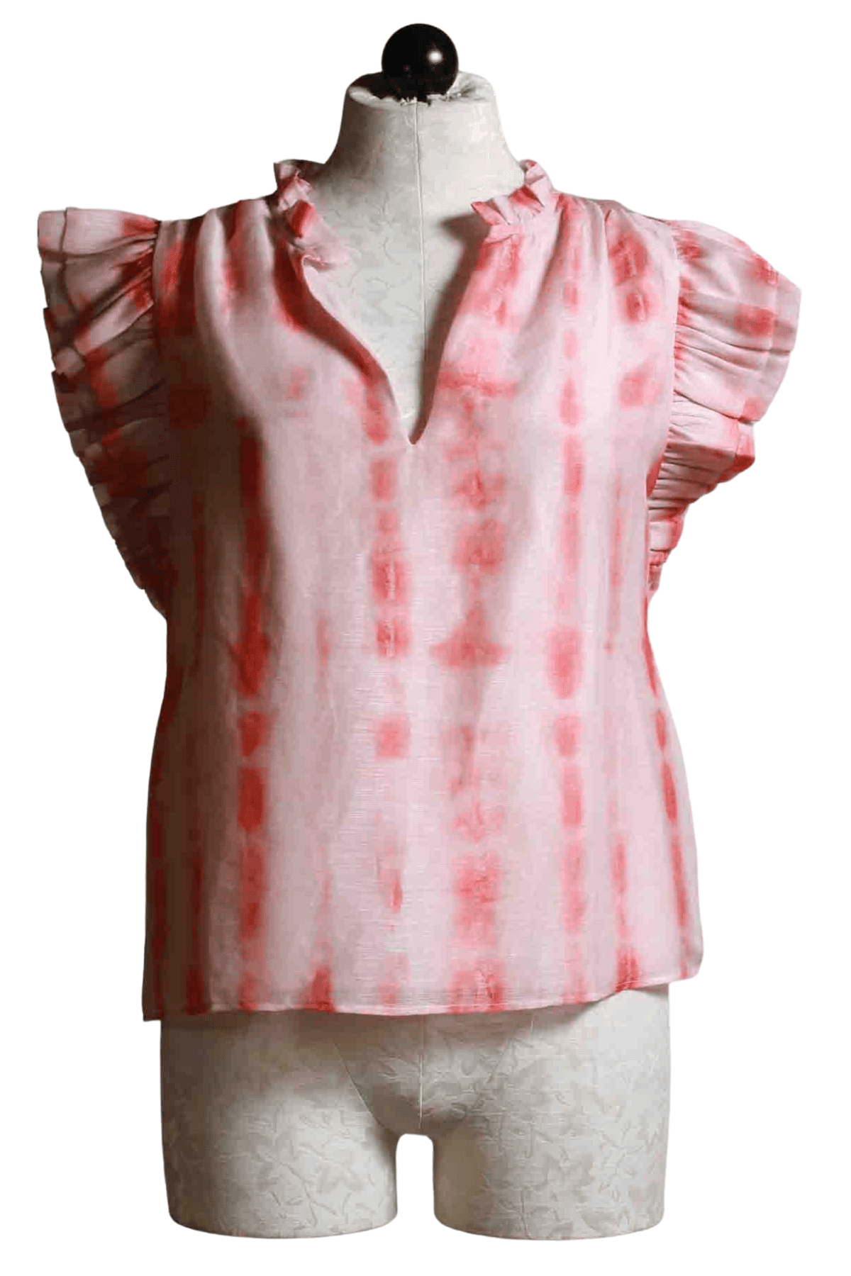 Ruffled Shoulder Merrit Top by Marie Oliver in a cranberry tie dye print and split neckline 