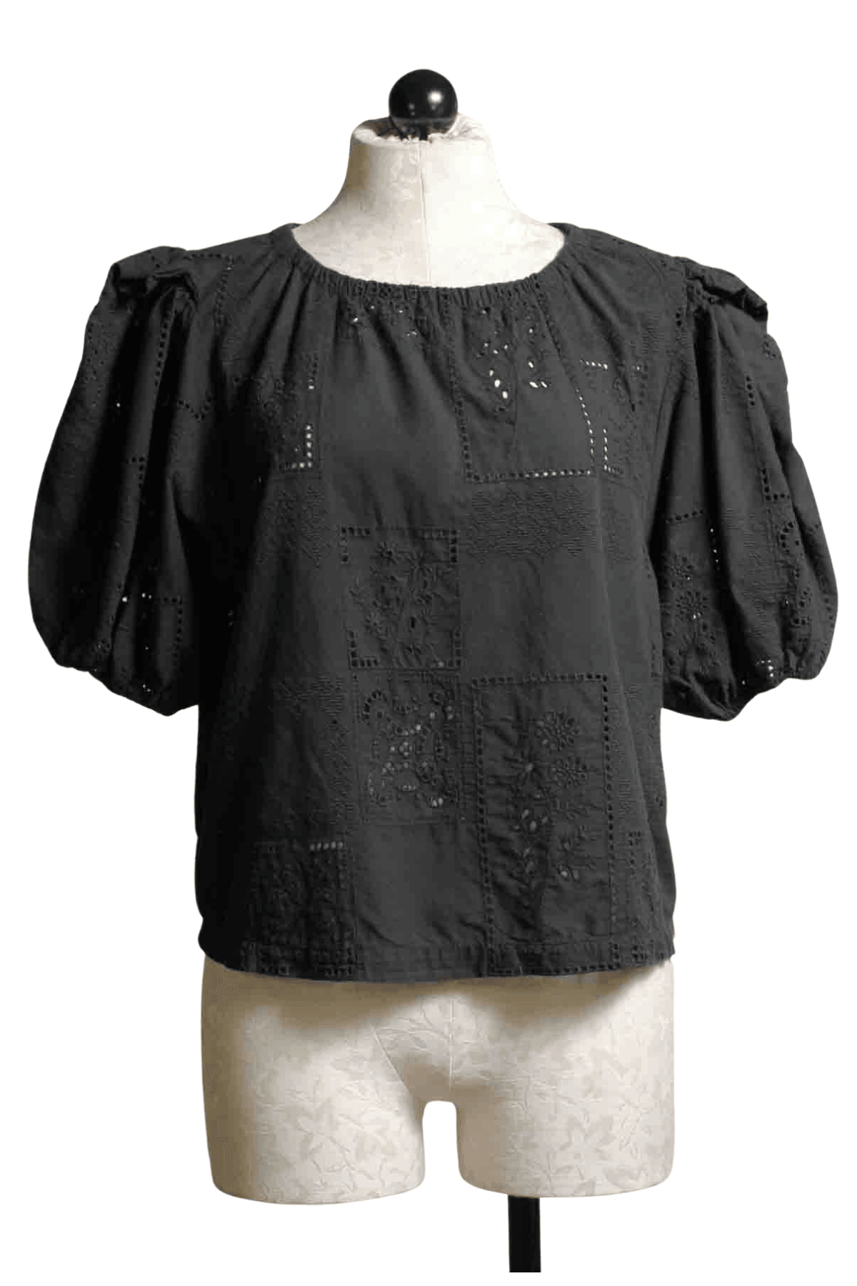 Cotton Eyelet Embroidered Patchwork Carbon Blouse in Black by R.G. Kane with Puff Sleeves