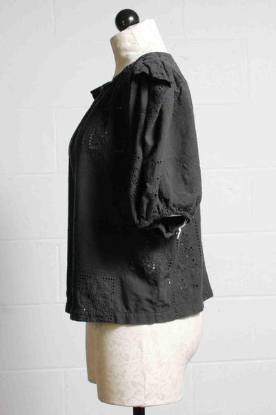 side view of Cotton Eyelet Embroidered Patchwork Carbon Blouse in Black by R.G. Kane with Puff Sleeves