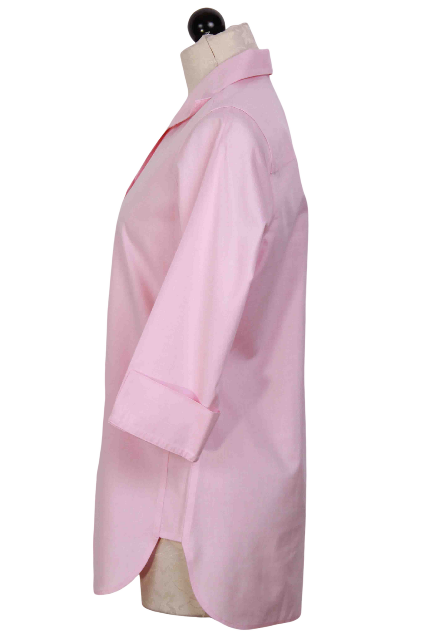 side view of Classic Chambray Pink 3/4 Sleeve Tunic Style Pandora Blouse by Foxcroft