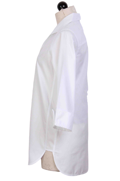 side view of Classic White 3/4 Sleeve Tunic Style Pandora Blouse by Foxcroft