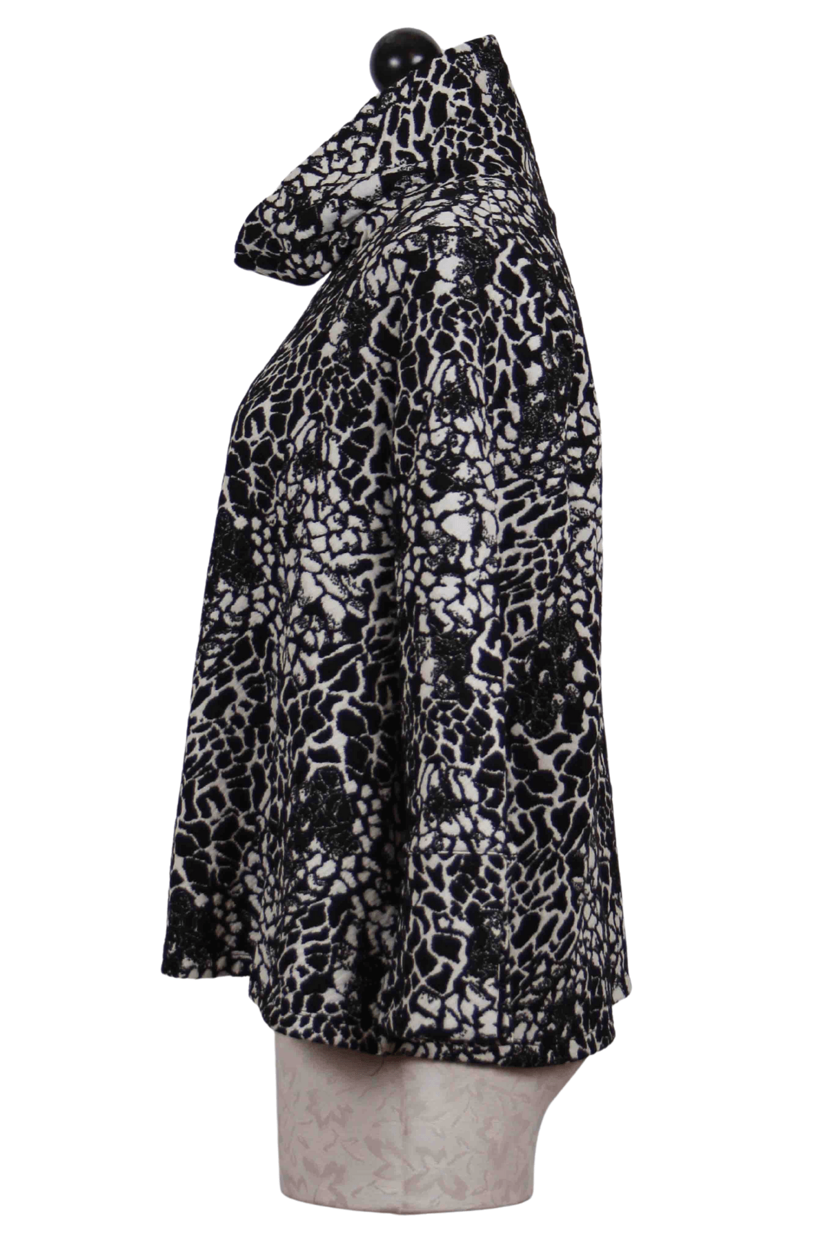 side view of Black and white Flora and Fauna Cowl Neck Top by Liv by Habitat