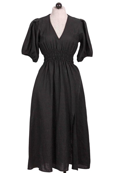 Black Linen Shirred Waist Dress by Fifteen Twenty