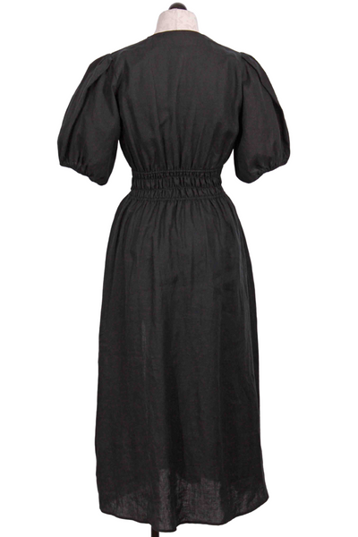 back view of Black Linen Shirred Waist Dress by Fifteen Twenty