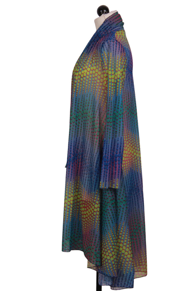 side view of Melody Print Long Mesh Open front Molly Cardigan