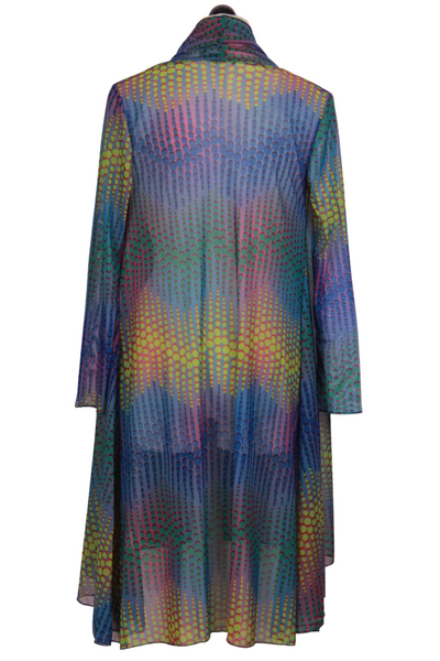 back view of Melody Print Long Mesh Open front Molly Cardigan
