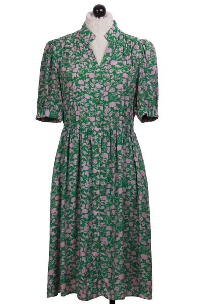 Green and Pink Short Sleeve Floral Button Front Dress by The Korner