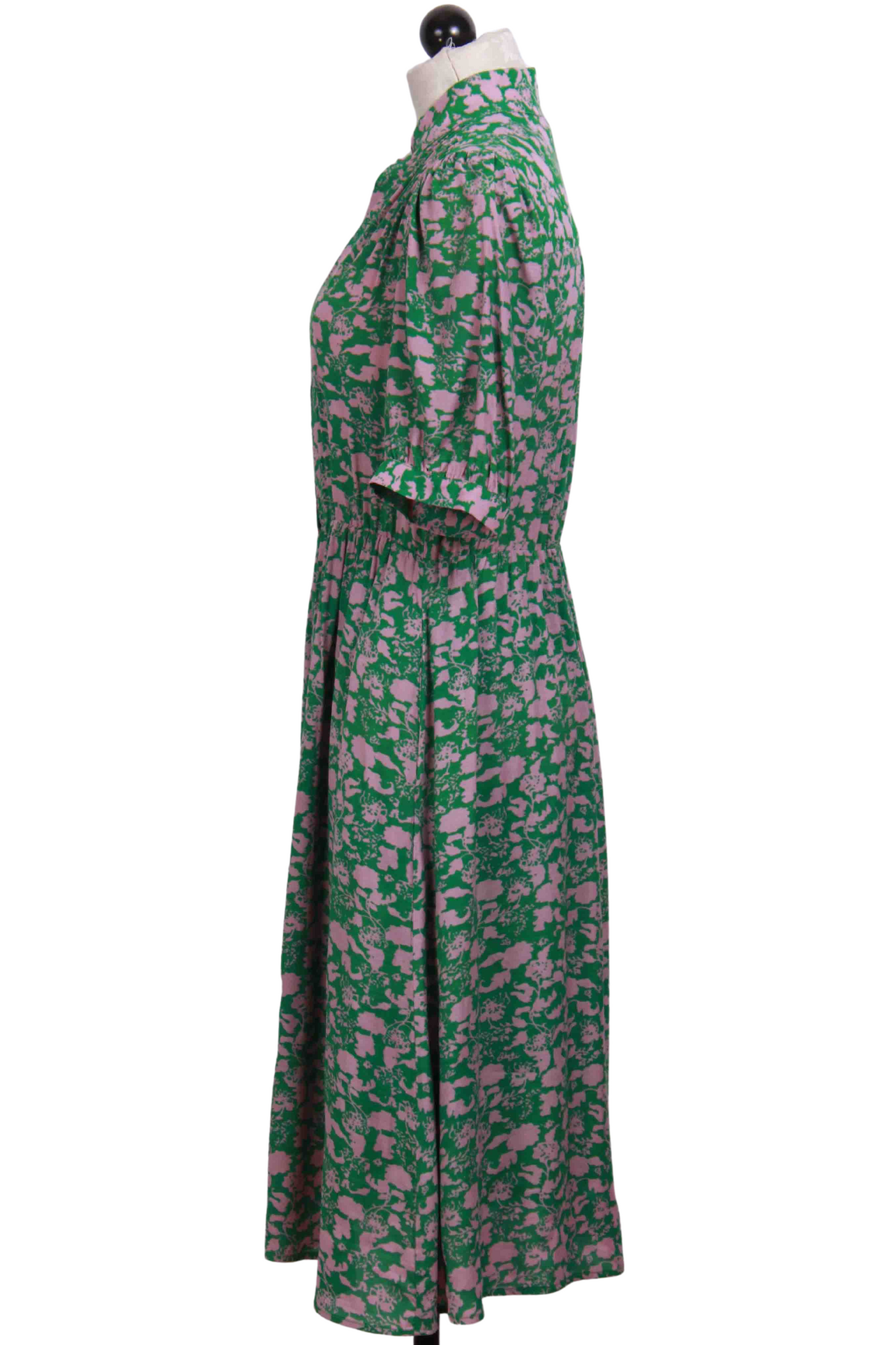 side view of Green and Pink Short Sleeve Floral Button Front Dress by The Korner
