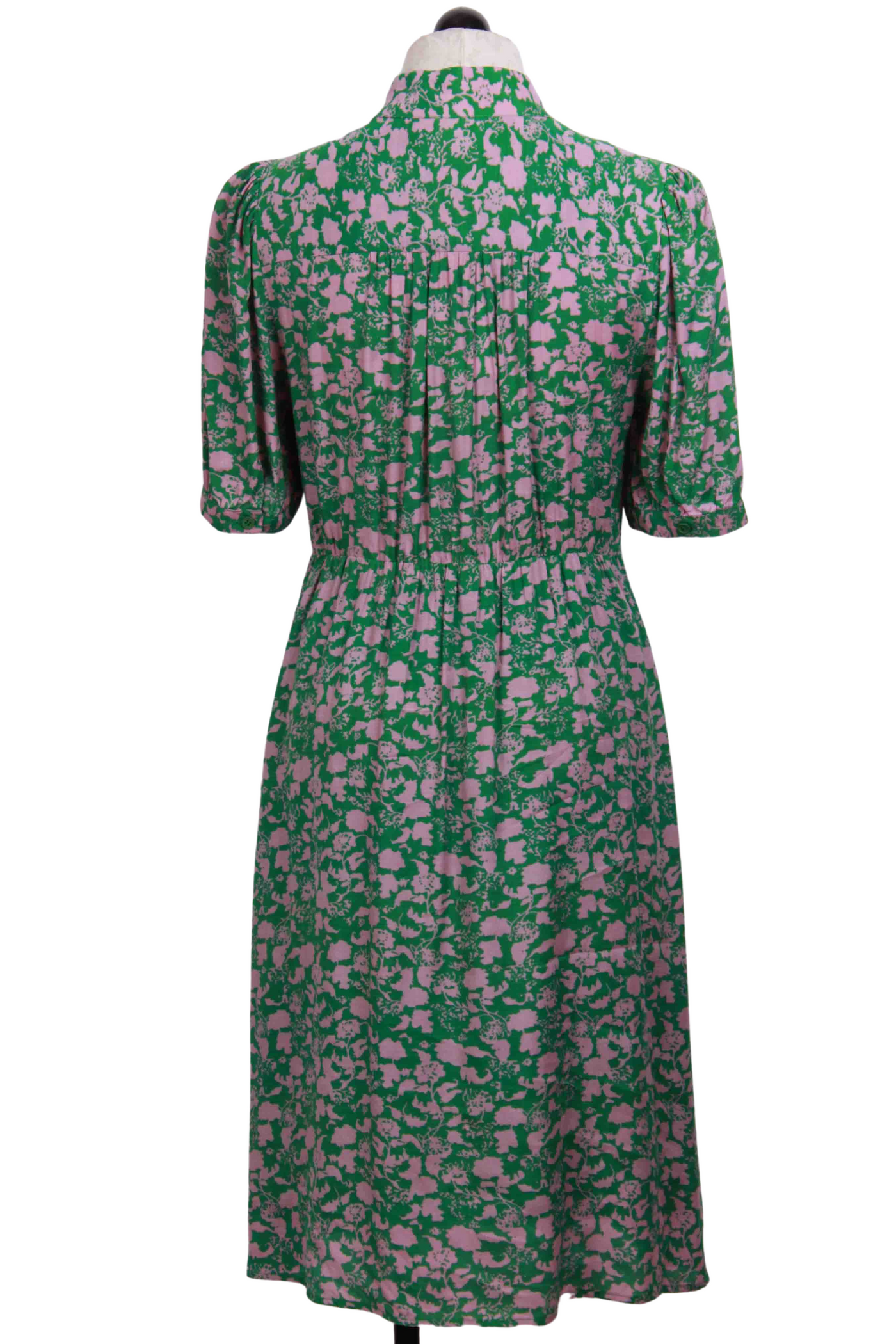 back view of Green and Pink Short Sleeve Floral Button Front Dress by The Korner