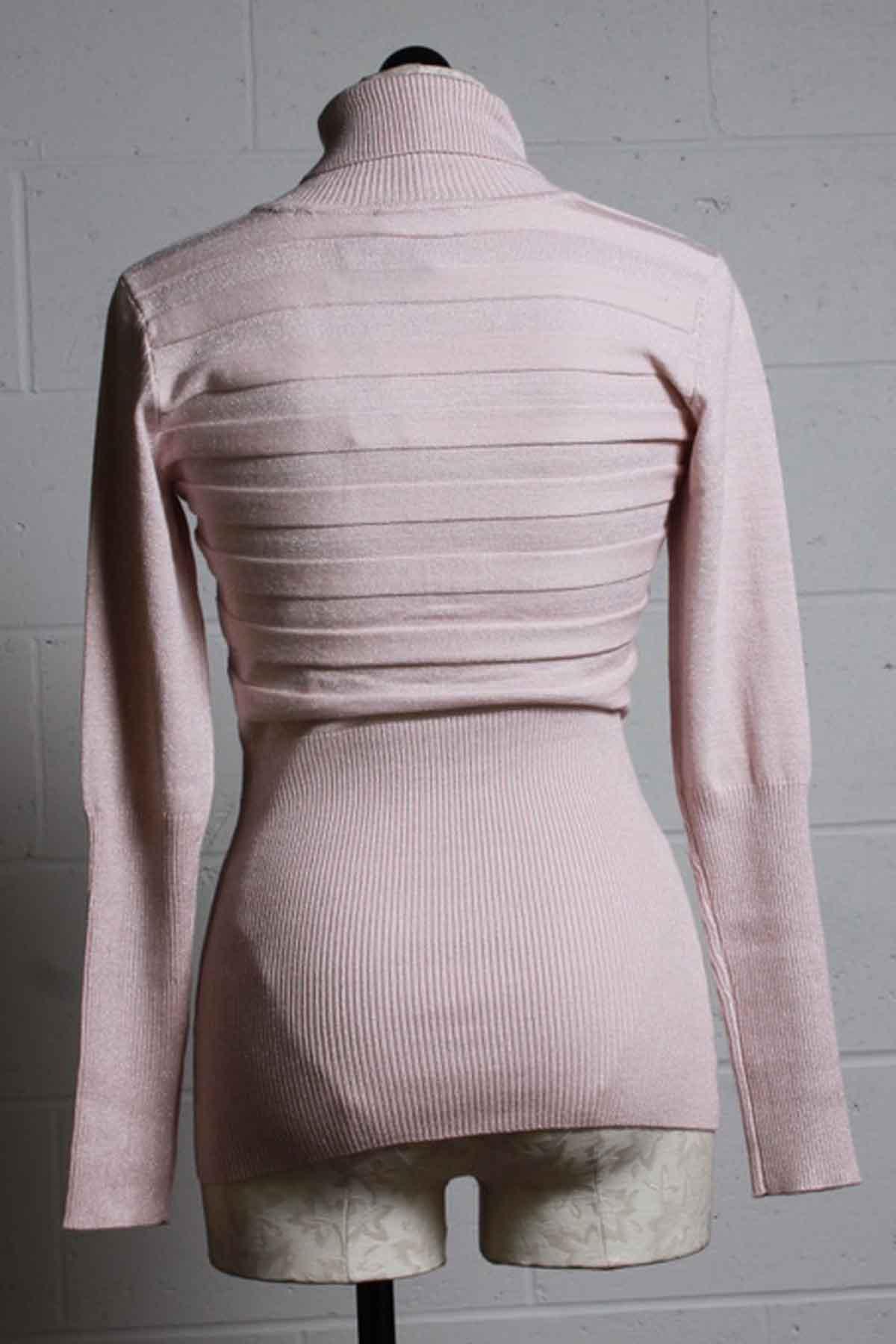 back view of blush Metallic Knit Turtleneck by Frank Lyman with a geometric woven texture