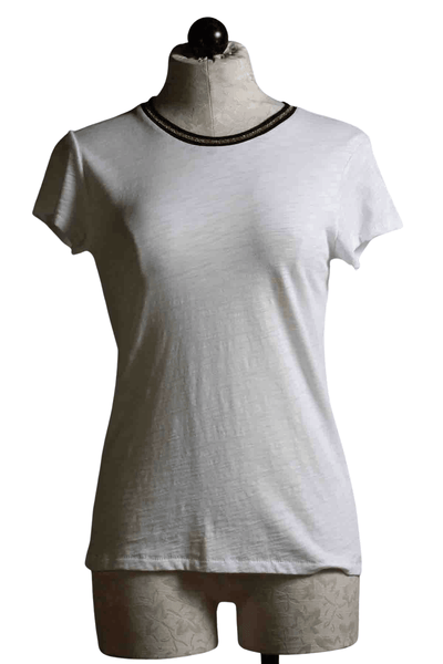 white Short Sleeve Striped Crewneck Gold Tipped Ringer Tee by Goldie LeWinter