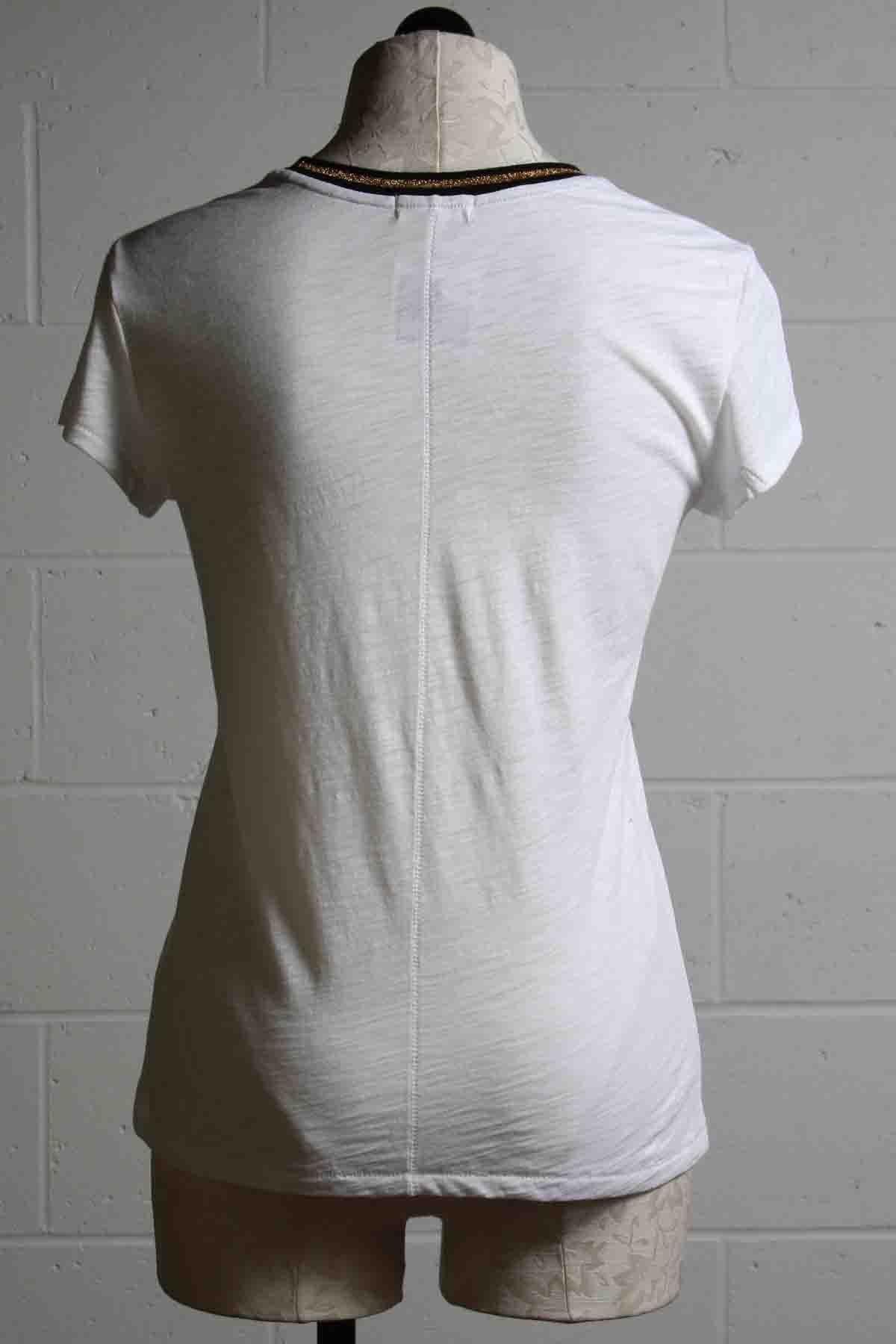 back view of white Short Sleeve Striped Crewneck Gold Tipped Ringer Tee by Goldie LeWinter