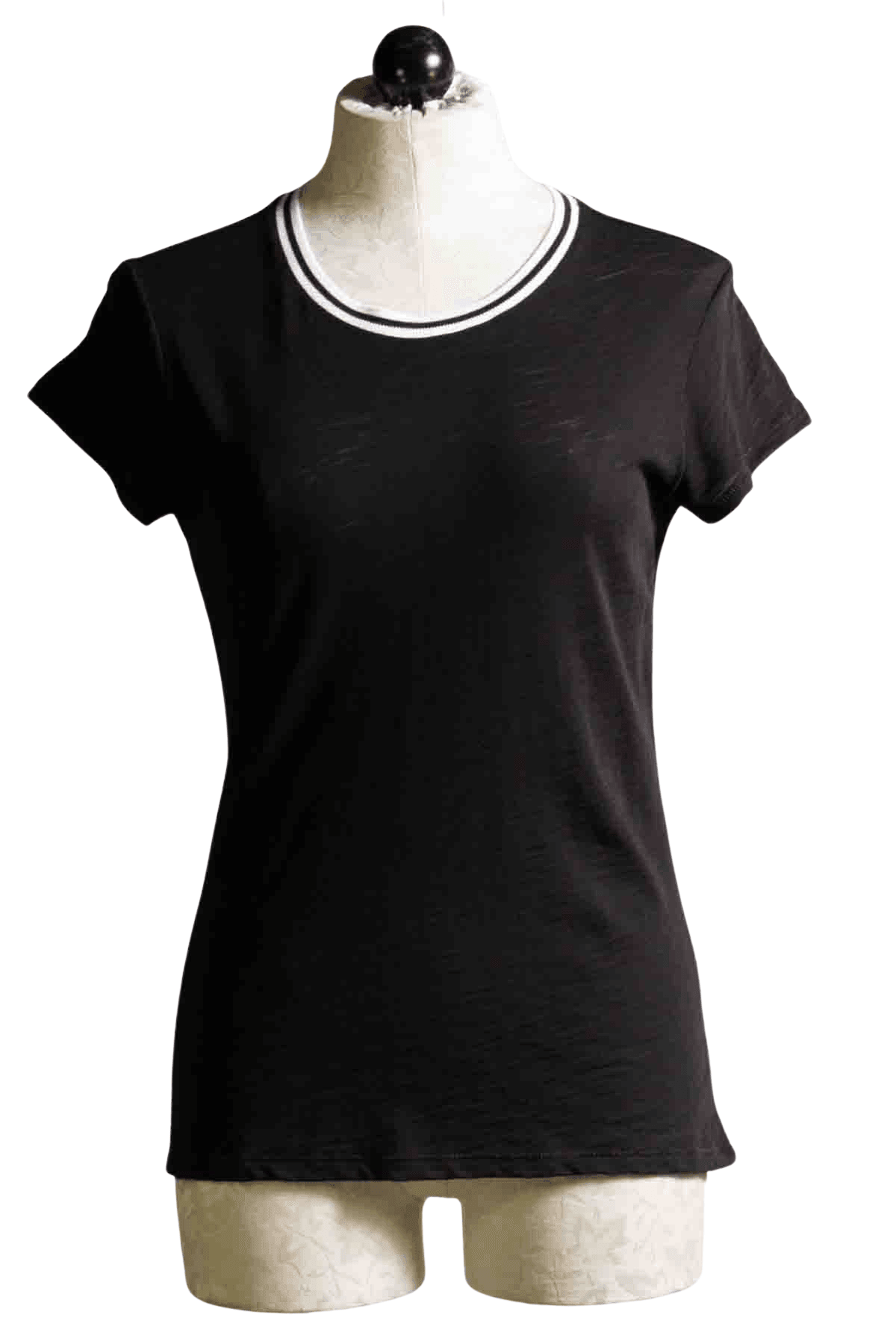 black Short Sleeve Striped Crewneck Tipped Ringer Tee by Goldie LeWinter