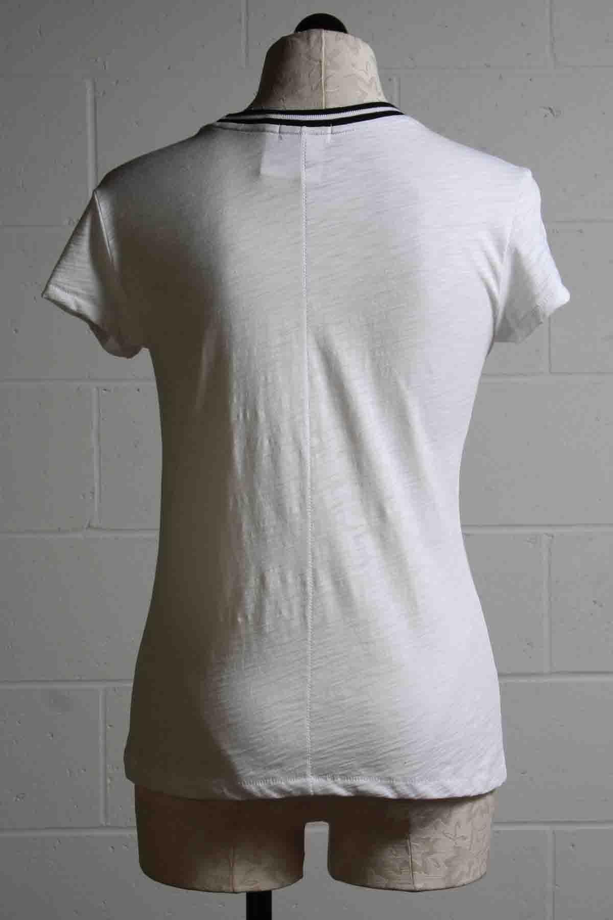 back view of white Short Sleeve Striped Crewneck Tipped Ringer Tee by Goldie LeWinter