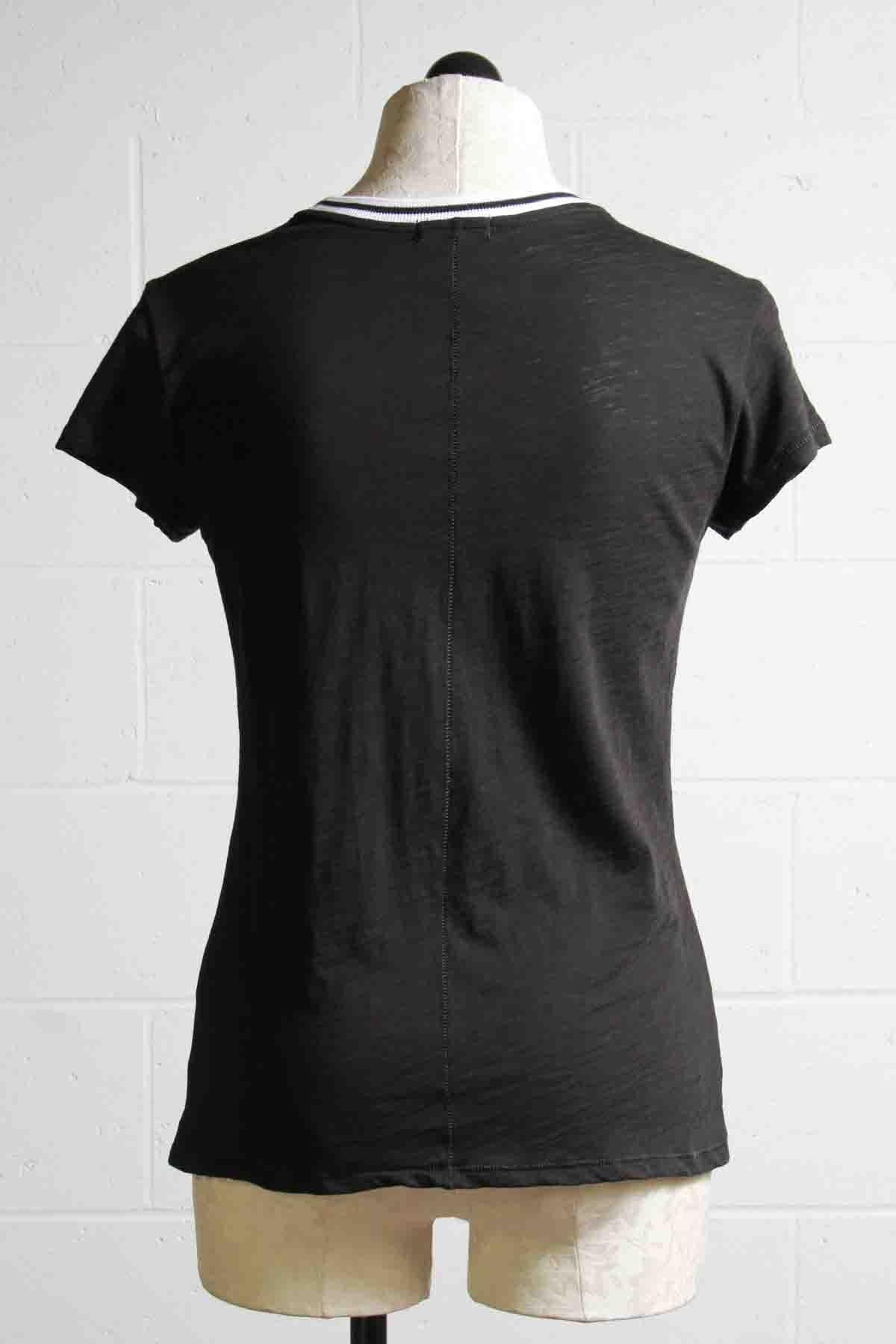 back view of black Short Sleeve Striped Crewneck Tipped Ringer Tee by Goldie LeWinter