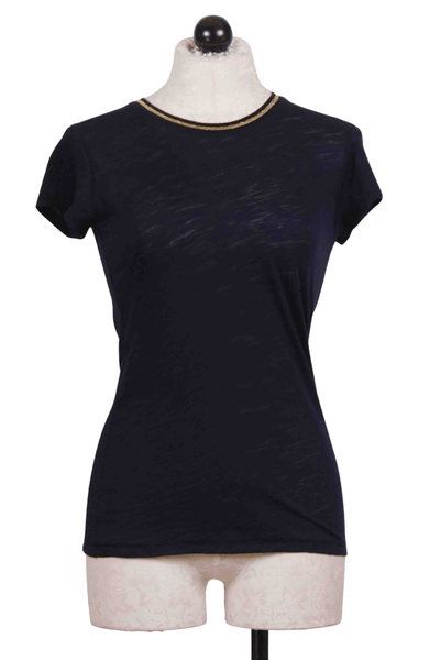 navy Short Sleeve Striped Crewneck Gold Tipped Ringer Tee by Goldie LeWinter