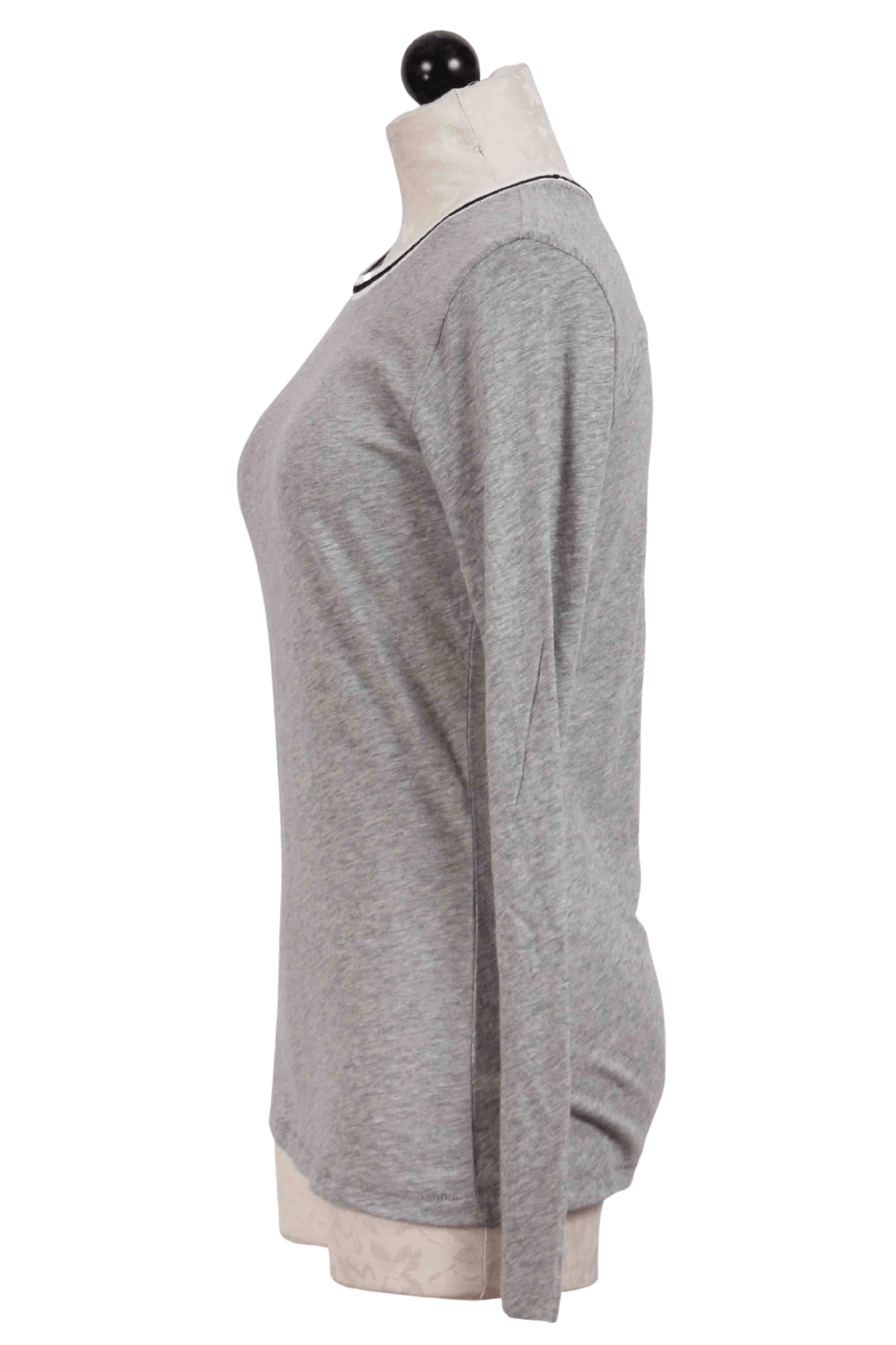 side view of Grey Heather Long Sleeve Tipped Ringer Tee by Goldie Tees