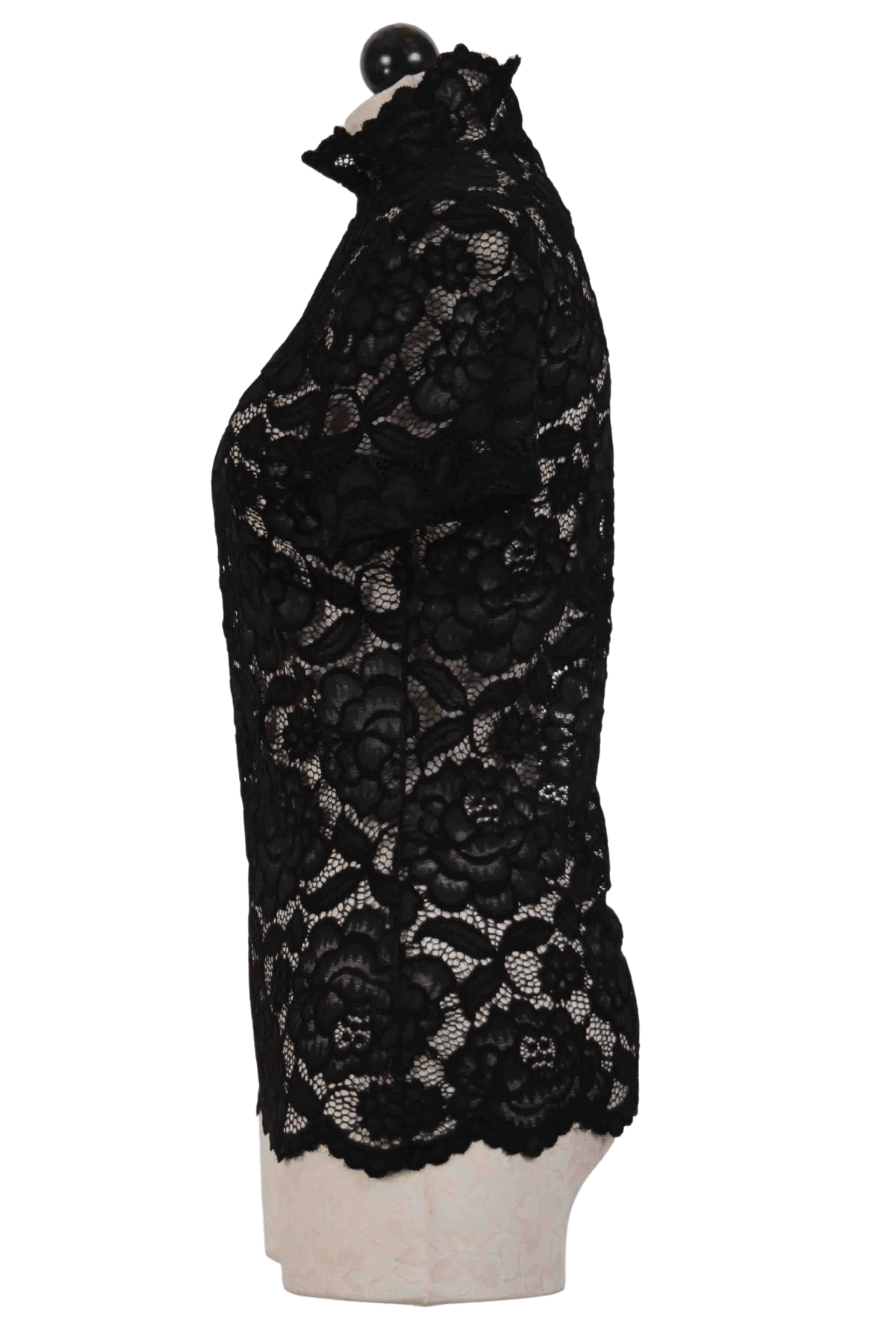 side view of Black Short Sleeve Lace Mock Neck Top by Frank Lyman