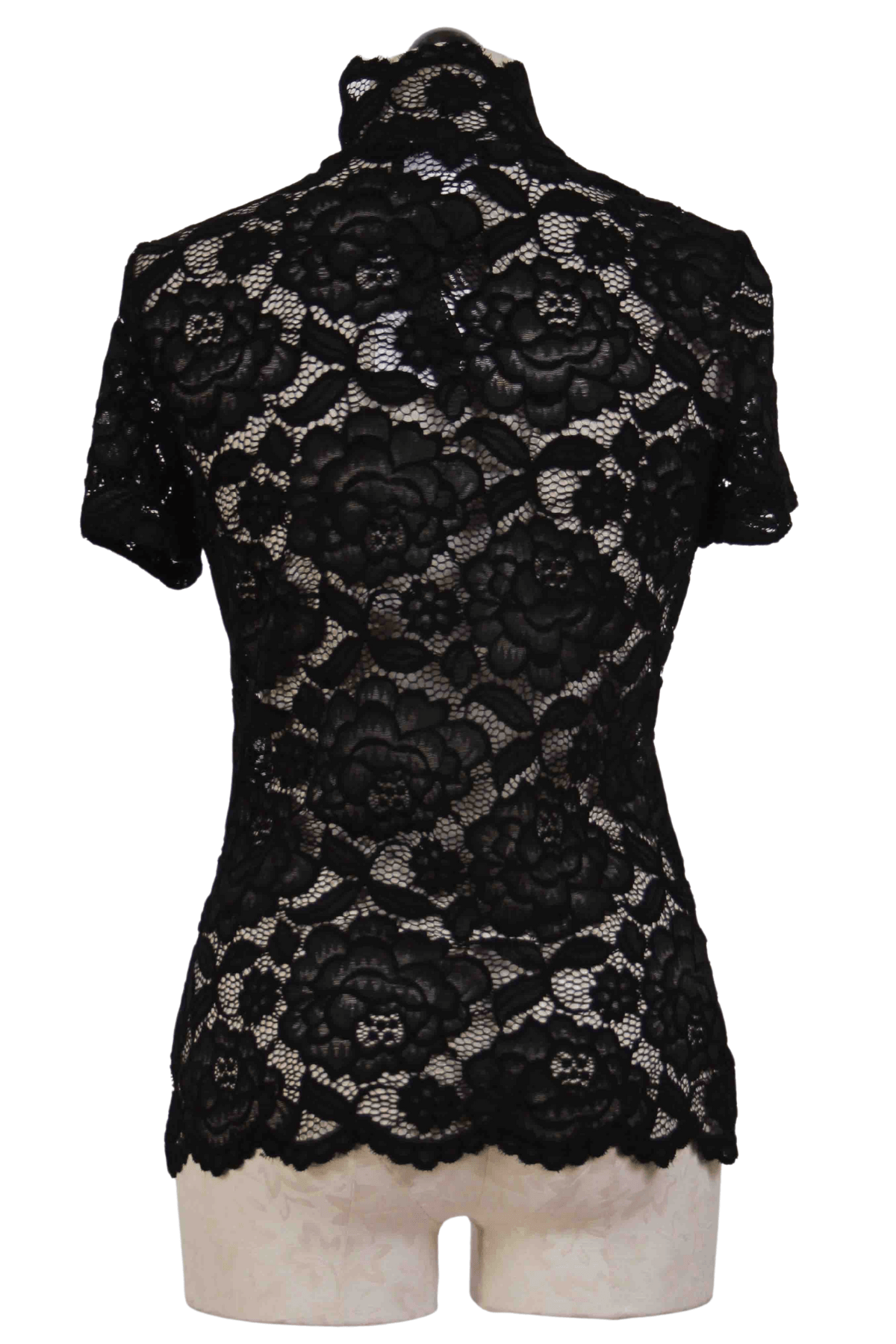 back view of Black Short Sleeve Lace Mock Neck Top by Frank Lyman