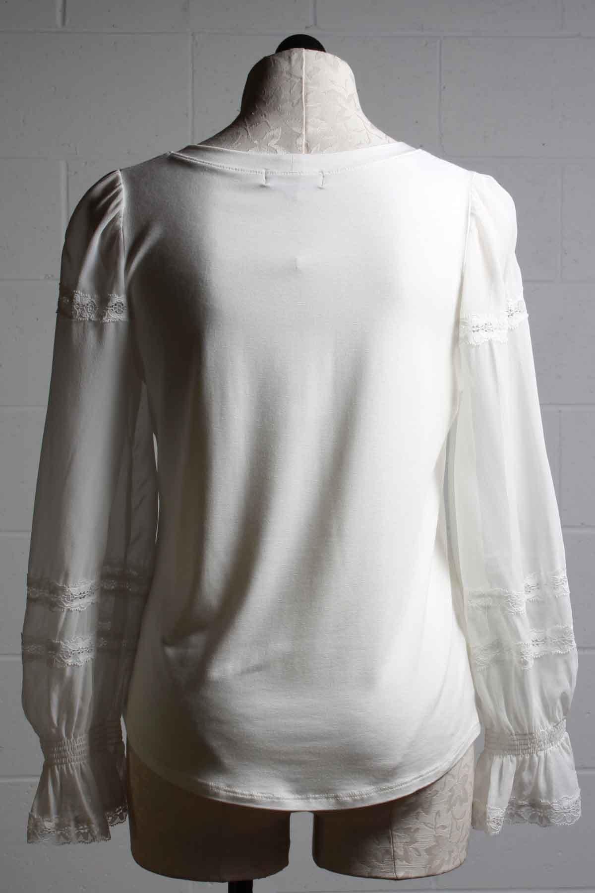 back view of off white Shelly Combo Top by Generation Love with jersey body and silk lace detailed sleeves