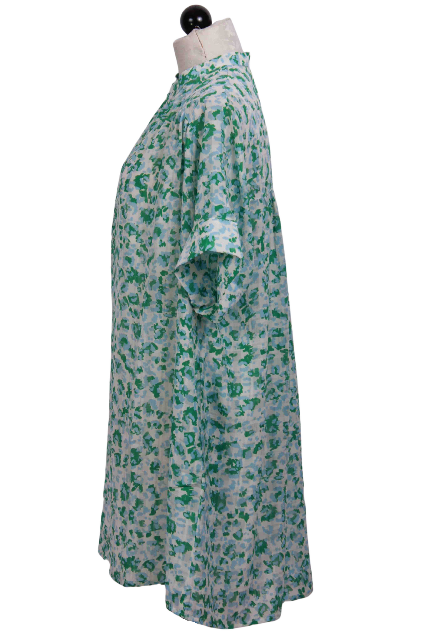 side view of Blue/Green Short Sleeve Printed Shirt Dress by The Korner