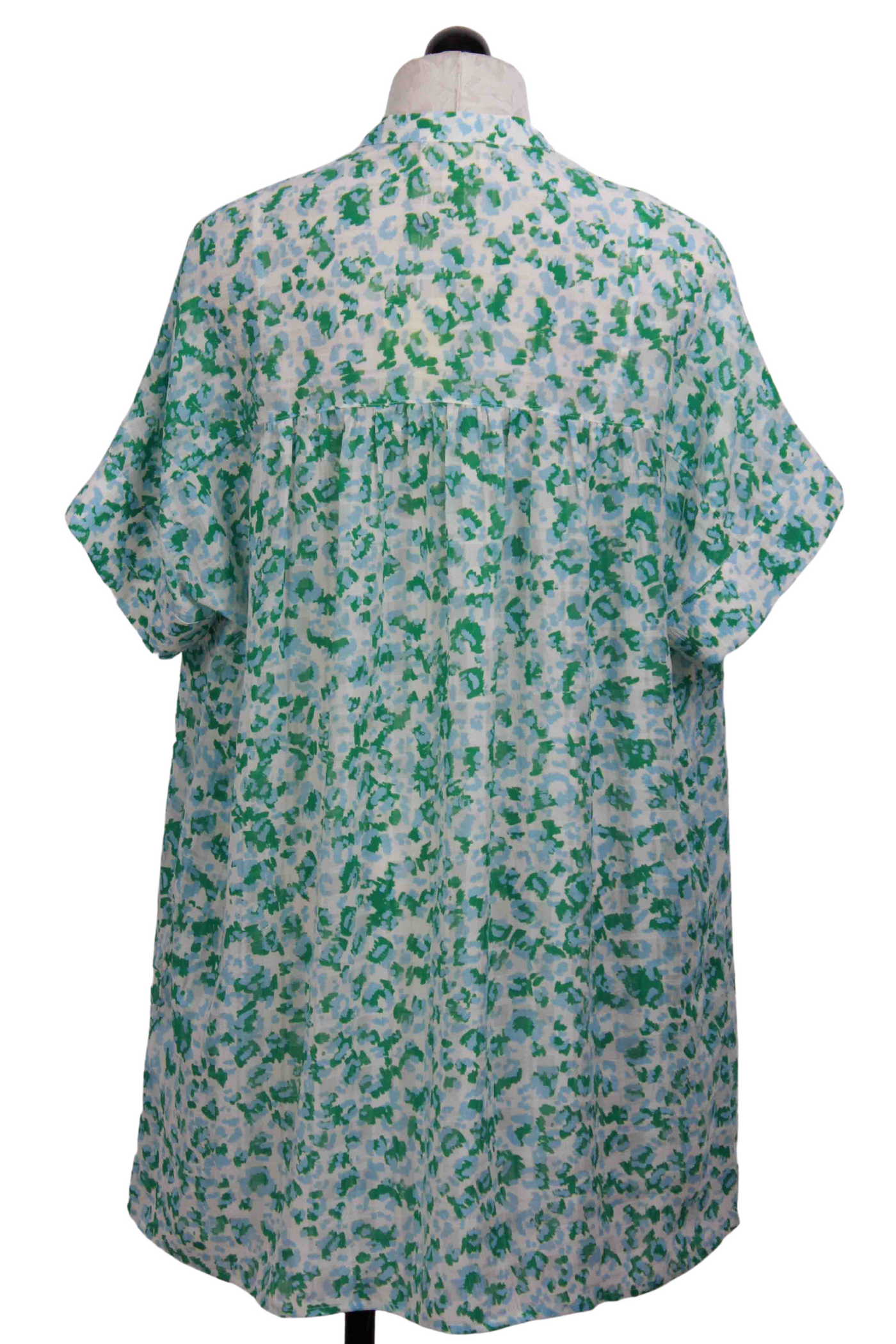 back view of Blue/Green Short Sleeve Printed Shirt Dress by The Korner