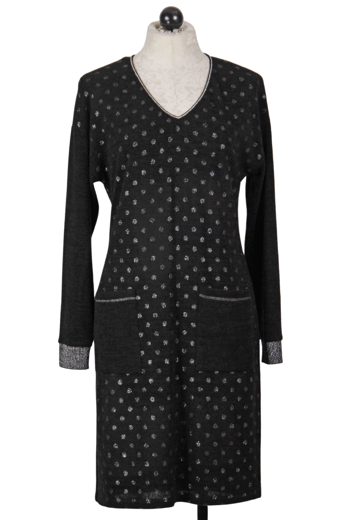Black Polka Dot Metallic Knit Dress By Frank Lyman