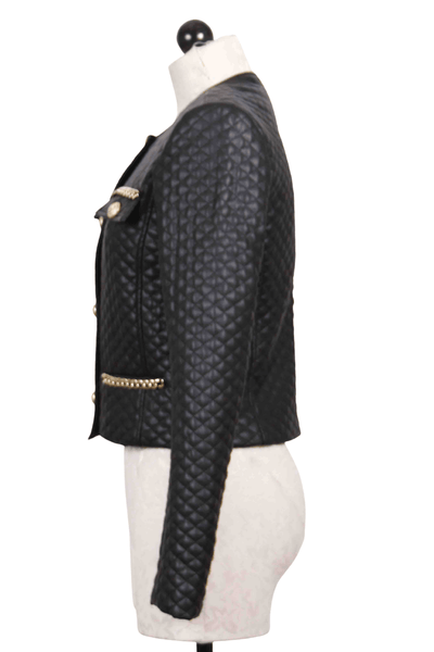 side of black Quilted Lena Vegan Leather Collarless Jacket by Generation Love