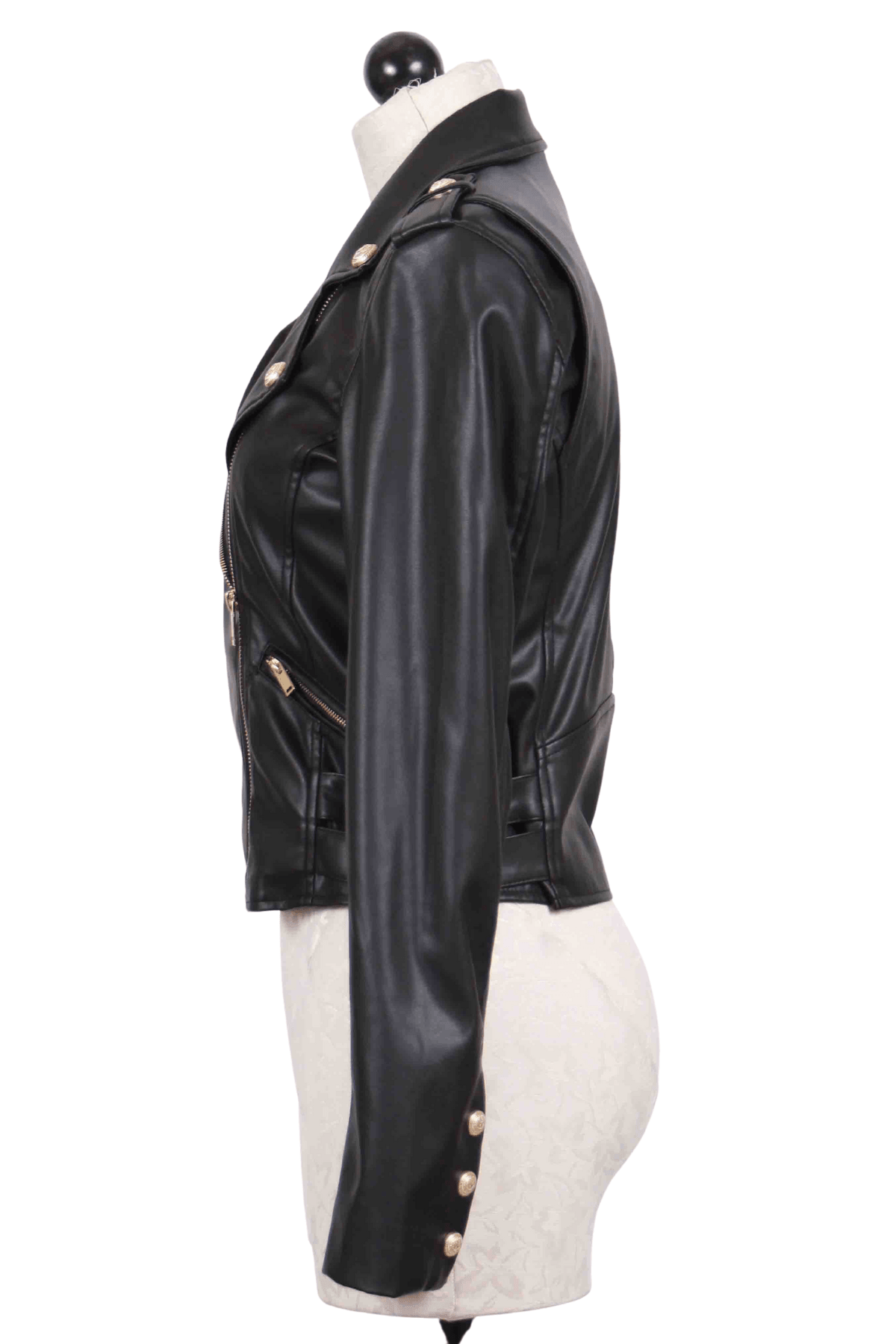 side view of black Diana Stretch Vegan Leather Moto Jacket