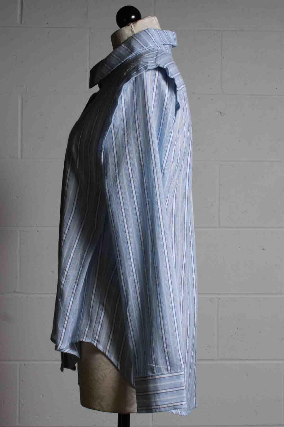 side view of Striped blue and white Lucy Button front Top by Heartloom with a pleated shoulder detail