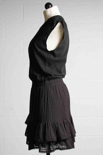 Side view Black Sleeveless Meina tiered ruffle bottom dress by Heartloom