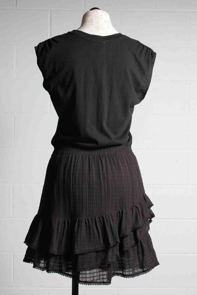 back view of Black Sleeveless Meina tiered ruffle bottom dress by Heartloom