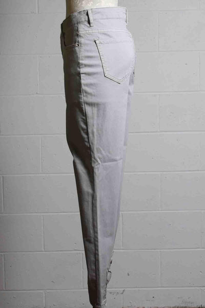side view of Bow Tie Detail on the back of this light grey straight leg Jean by Frank Lyman