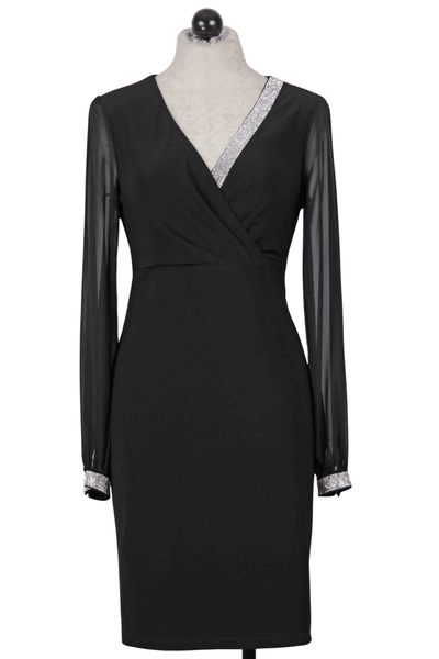 Black Long Sleeve V Neck Dress by Frank Lyman with Rhinestone details