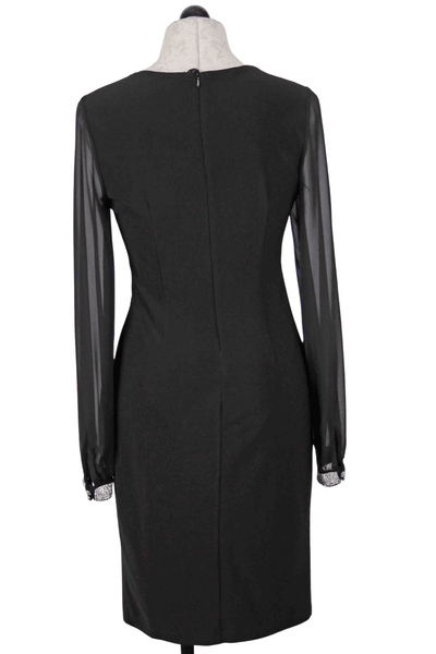 back view of Black Long Sleeve V Neck Dress by Frank Lyman with Rhinestone details