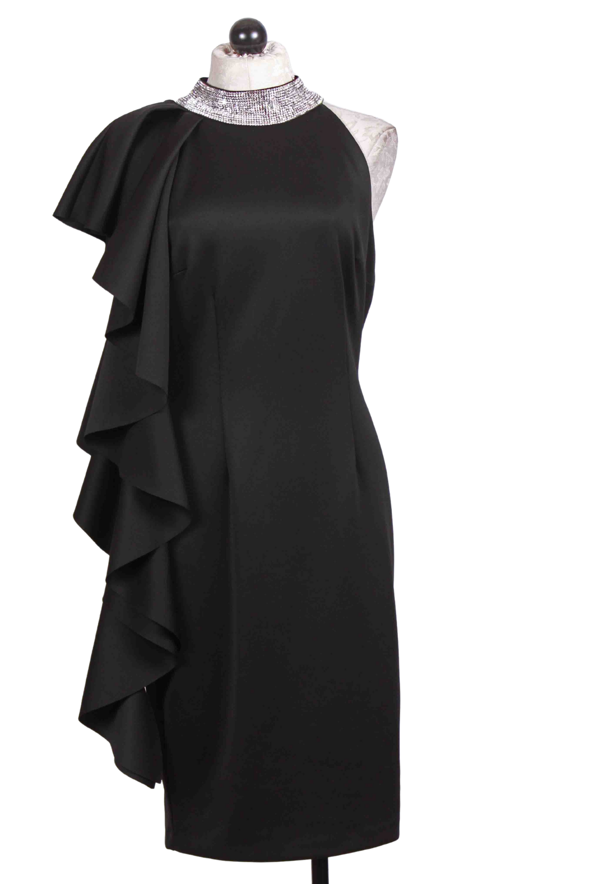 black Sleeveless Ruffle Sided Dress by Frank Lyman with Crystal studded Neck