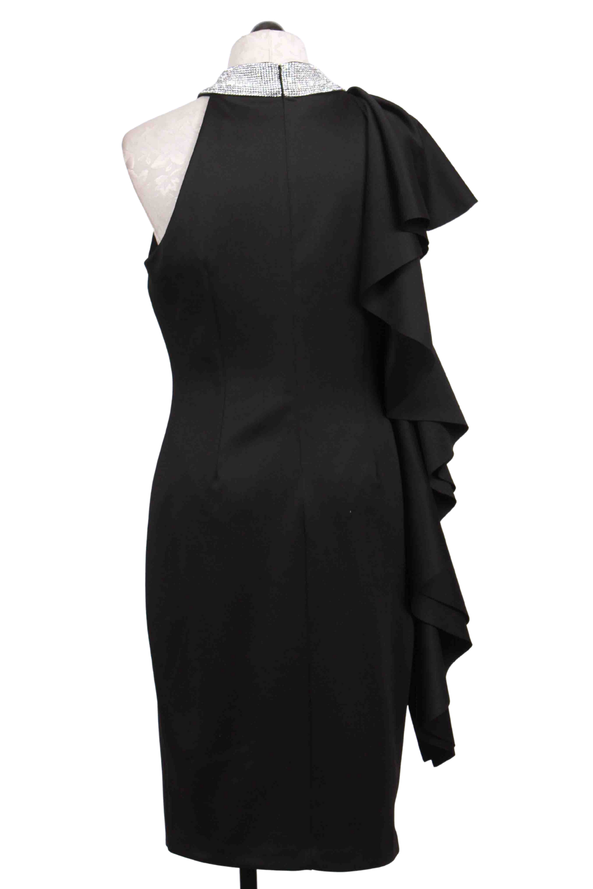 back view of black Sleeveless Ruffle Sided Dress by Frank Lyman with Crystal studded Neck