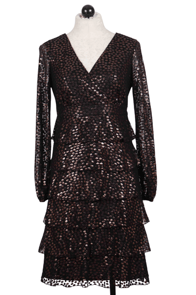 V Neck Tiered Black Dress by Frank Lyman with Copper Polka Dots