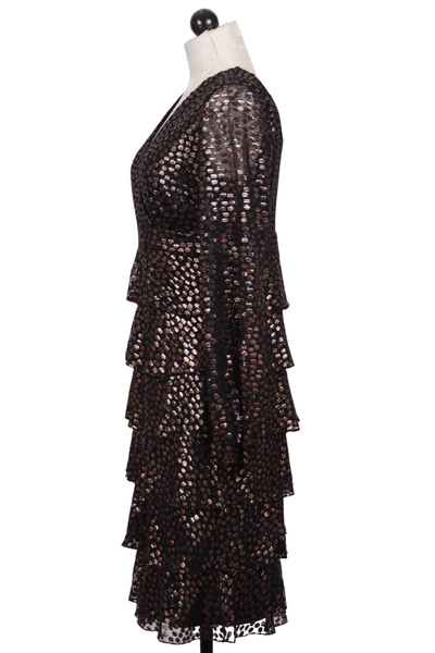 side view of V Neck Tiered Black Dress by Frank Lyman with Copper Polka Dots